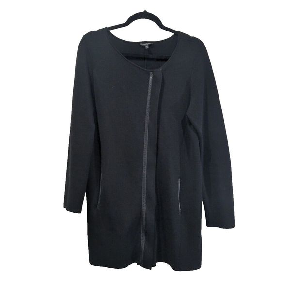 Eileen Fisher Petite Silk Knit Long Sweater Jacket Size PM Black Leather Trim - Picture 1 of 14